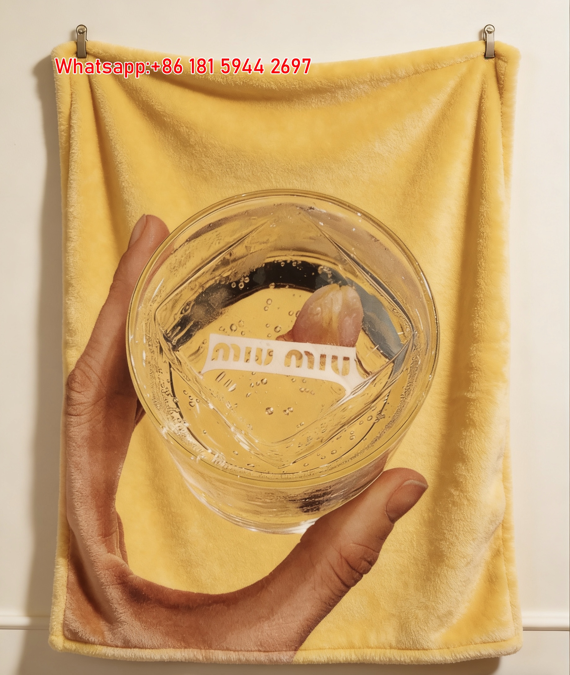Miu Miu Glass Print Flannel Throw Blanket Bright Sunny Yellow Background with Clear Cocktail and Hand Detail Aesthetic Summer Vibe IMG_0435